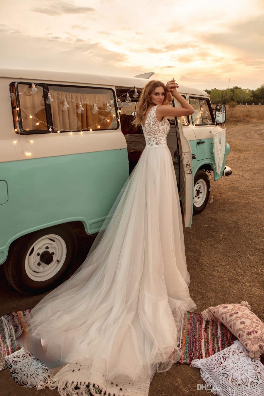 boho wedding dresses v neck lace appliqued tulle bridal gown bohemian country a line wedding dress robes de marie