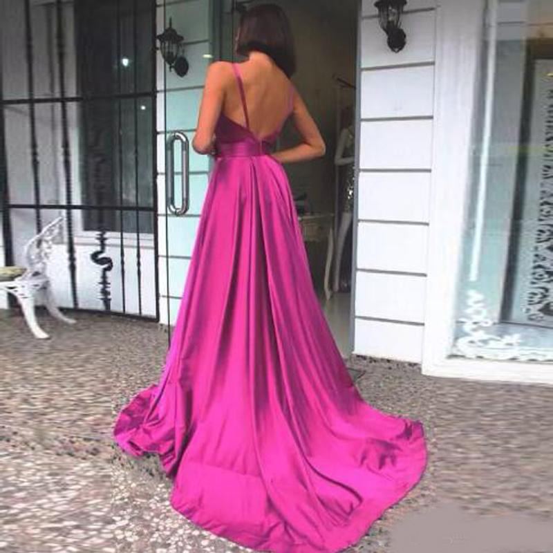 Sexy Fuchsia Evening Dress 2020 V Neck Satin Evening Gowns Long Empire Formal Evening Dress Train Long Prom Gown abendkleider