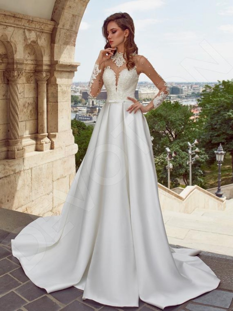 beach a line long sleeve wedding dresses high neck lace pearls soft satin sweep train bridal gowns plus size robe de marie