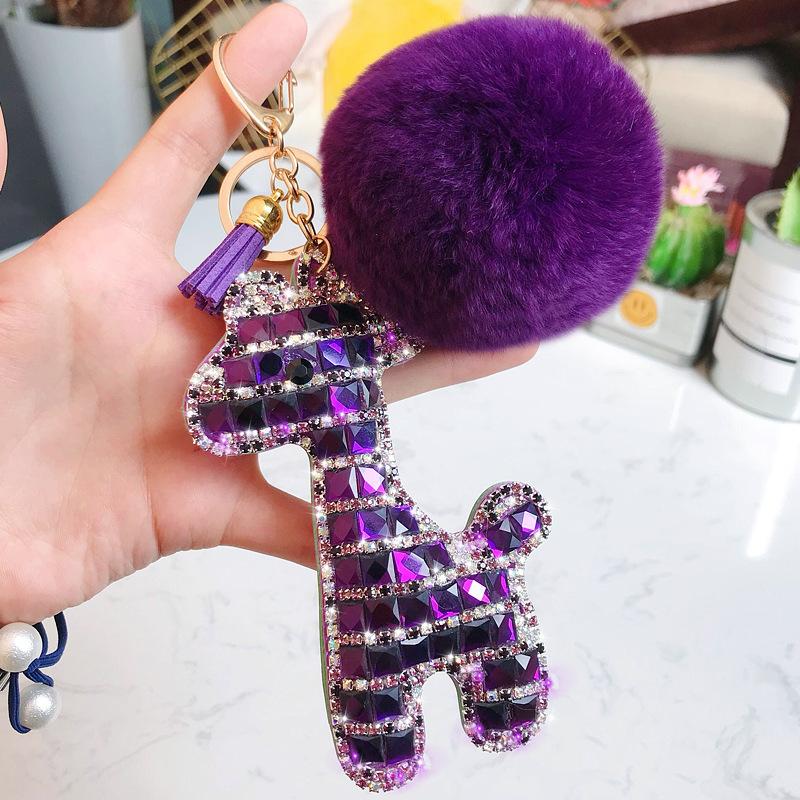 Cute Rhinestones Giraffe Keychain Doll Animal Key Ring Car Bag Pendant Rabbit Fur Pom Pom Key Chains Gift Trinkets Porte Clef