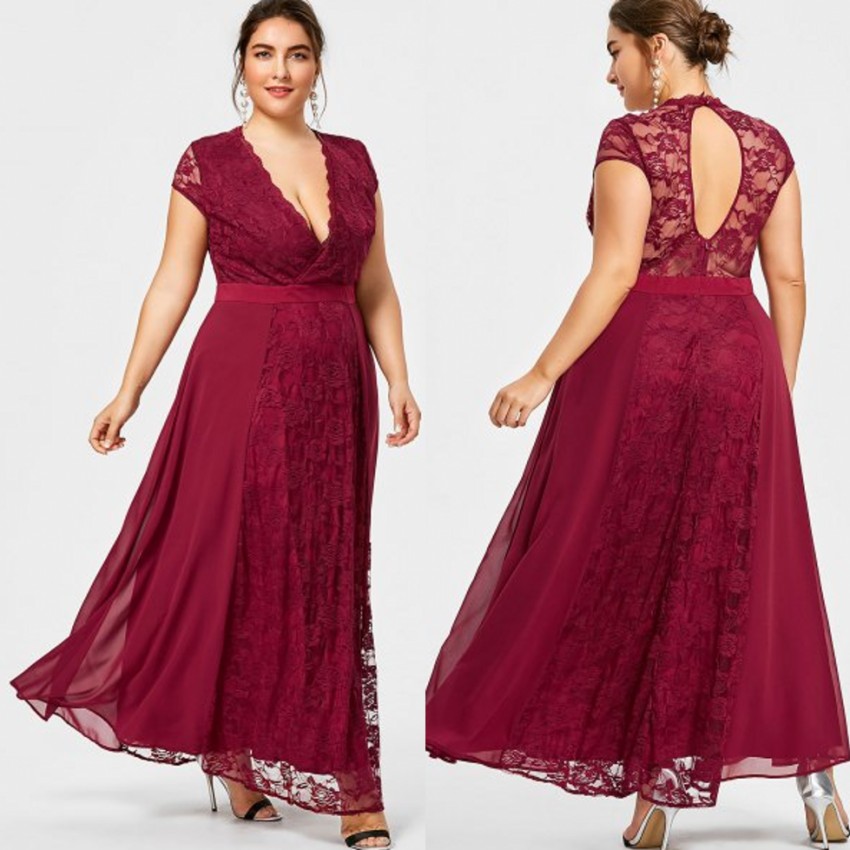 Plus Attractive Lace Size Backless Prom Dresses A Line Deep V Neck Evening Gown Ankle Length Chiffon Cap Sleeves Formal Dress nkle
