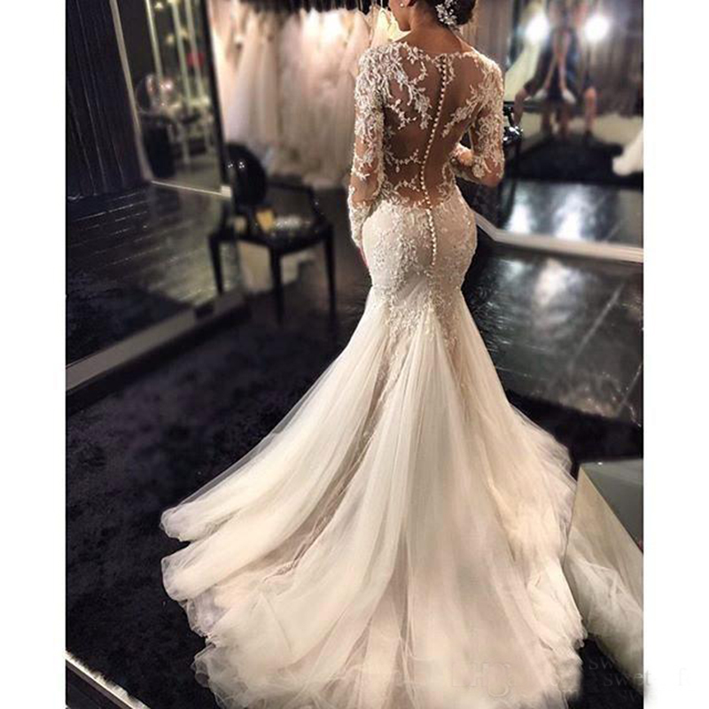 New 2019 Gorgeous Lace Mermaid Wedding Dresses Dubai African Arabic Dresses Petite Long Sleeves Natural Slin Fishtail Bridal Gowns Plus Size