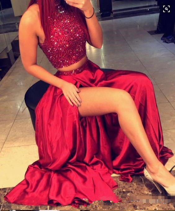 Dark Red Long Homecoming Dresses Two Pieces Stunning Sequined Crop Top Front Split Formal Evening Occasion Wears Party Prom Gowns Cheap