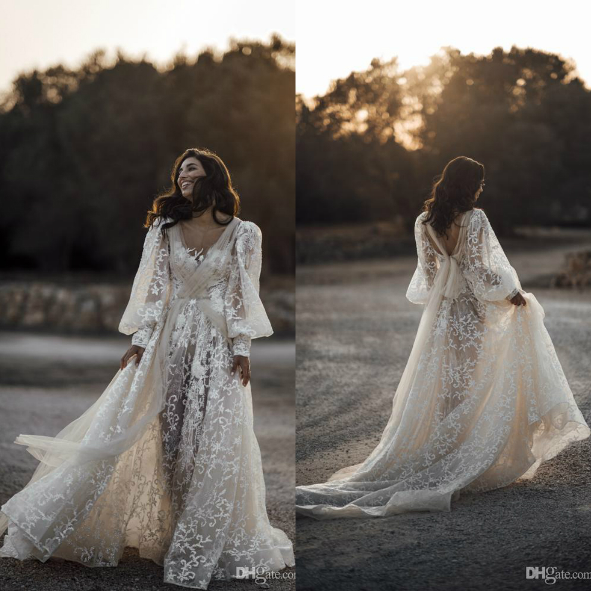 Country Style 2020 Wedding Dresses A Line Boho V Neck Wedding Gowns Lace Tulle Formal Dress Layered Bohemian Bridal Dress