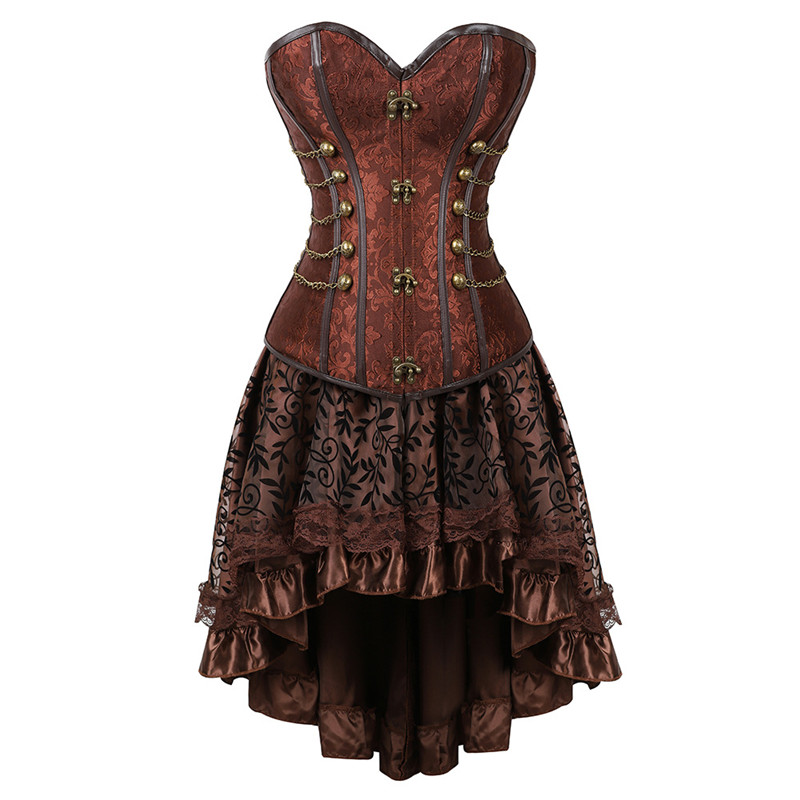 Women Gothic Brown Overbust Underbust Corset Top with A Flocked Floral Lace Hi-lo Skirt 2pcs Set Halloween Cosplay Costume Outfit Plus Size