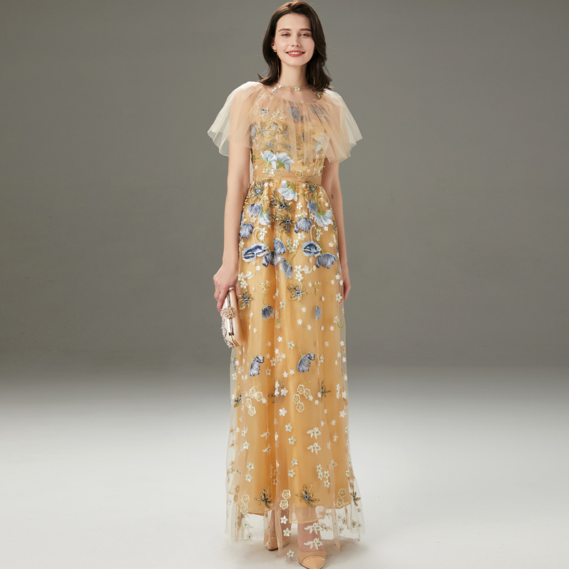 Women's Runway Dresses O Neck Embroidery Layered Ruffles Elegant Long Party Prom Dressess