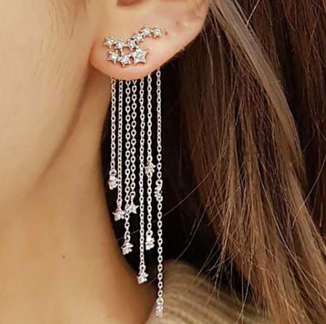 Fashion Cubic Zircon Tassel Drop Earrings Lady Trendy Star Dangle Linear Women Jewelry Gift
