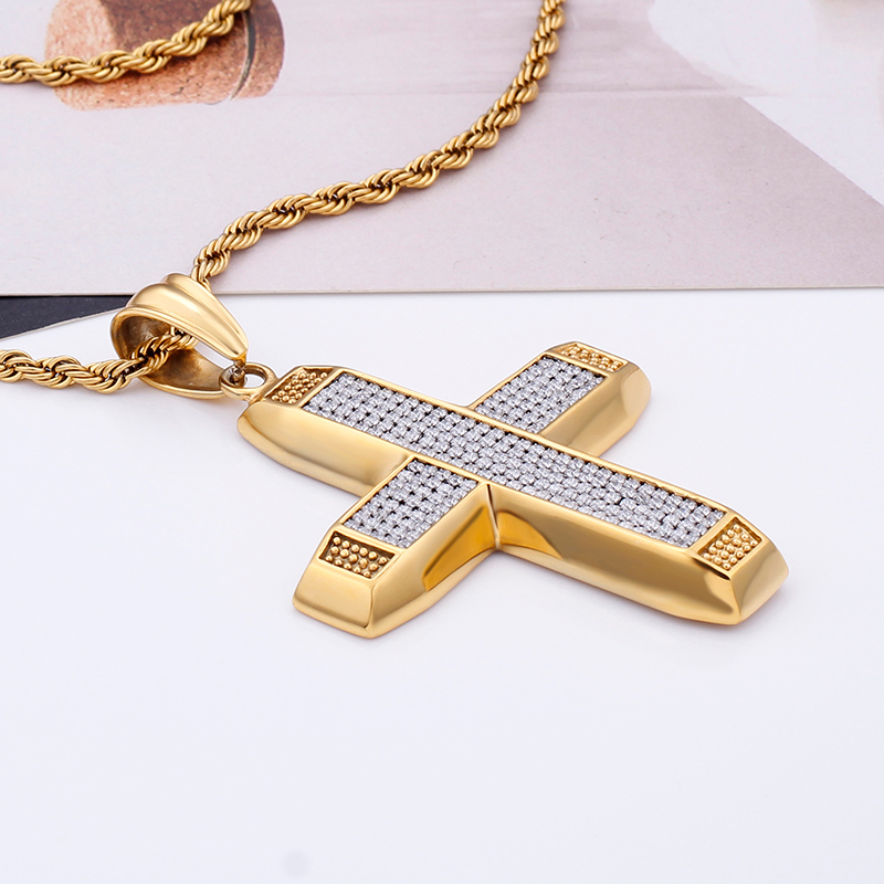 Men's Hip Hop Cross Pendants Necklace 316L Stainless Steel Full Cubic Zirconia Setting 18K Gold Plated Jewelry