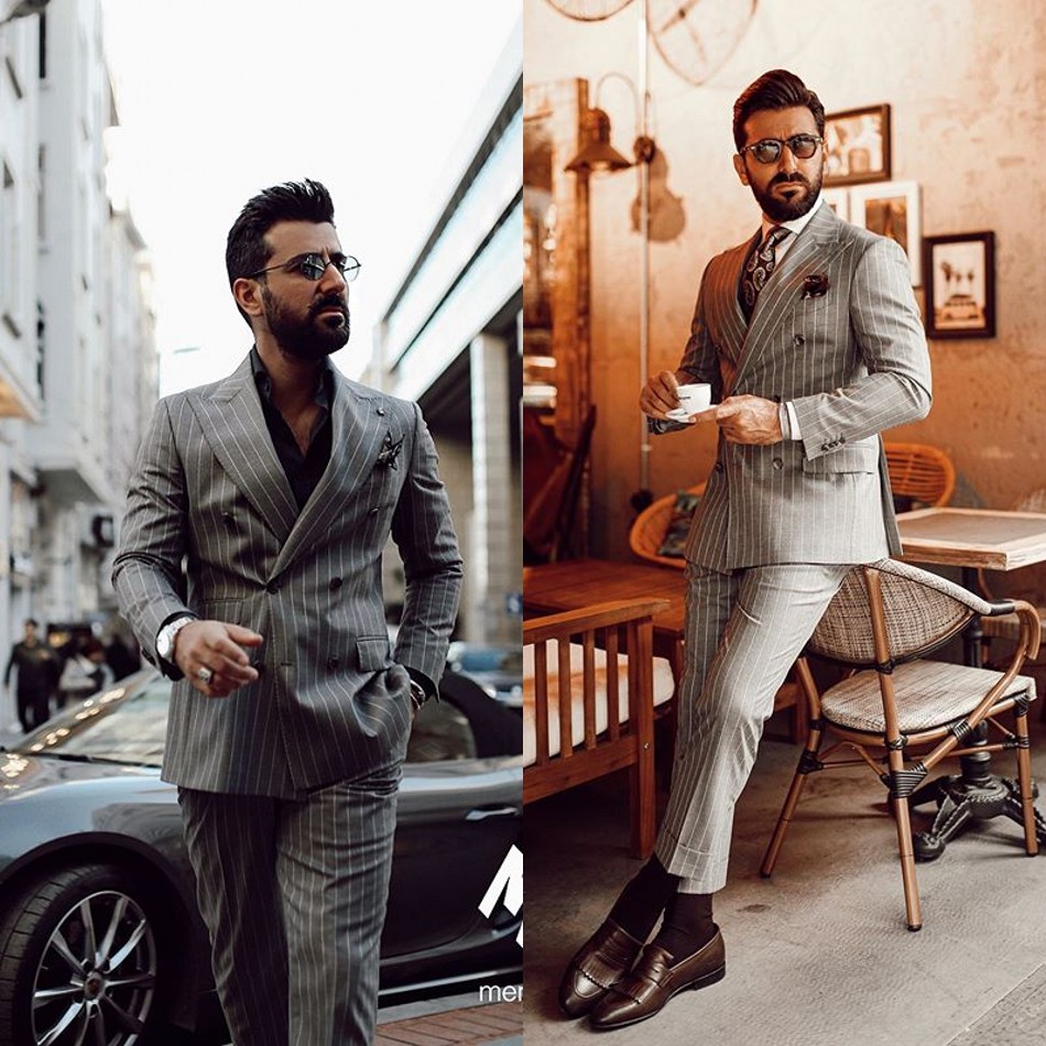 Classic Dark Gray Stripe Men Tuxedos Groom Wedding Suits Slim Fit Double Breasted Peaked Lapel Mens Suit 2 Pieces Coat Pants (jacket+Pants)