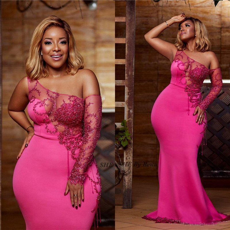 2020 Crystal Beaded One Shoulder Mermaid Prom Dresses Black Girl Party Dresses Long African Formal Evening Party Wear