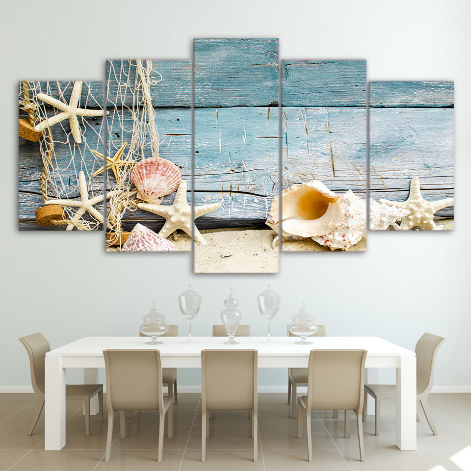 5pcs No Frame Canvas Painting Seashells and Starfishes Beach Wall Art Picture Office Artwork Home Decor