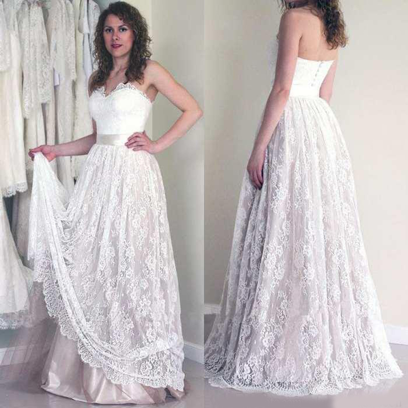White Lace Long Wedding Dress Sexy Strapless Bridal Wedding Dress Simple Beach A Line Wedding Dress vestidos noiva