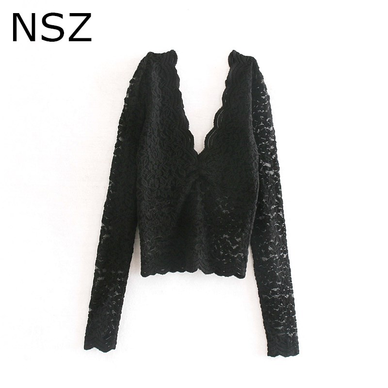 NSZ women black sexy lace shirt long sleeve deep v neck tight blouse fashion cropped top party blusa camisa
NSZ women black sexy lace shirt long sleeve deep v neck tight blouse fashion cropped top party blusa camisa