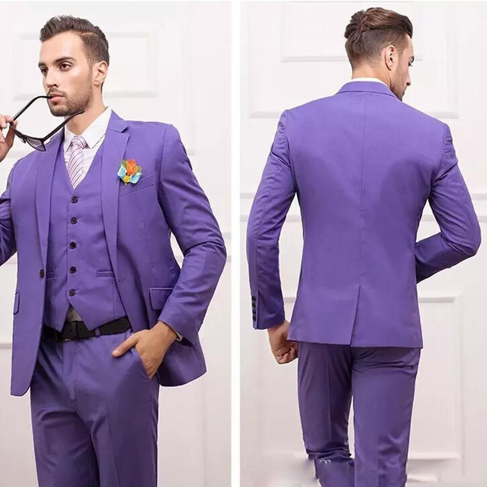 Customize Slim Fit Groom Suits Purple Back Split Satin Wedding Best Man Suit Three Pieces (Jacket+Pants+Vest)