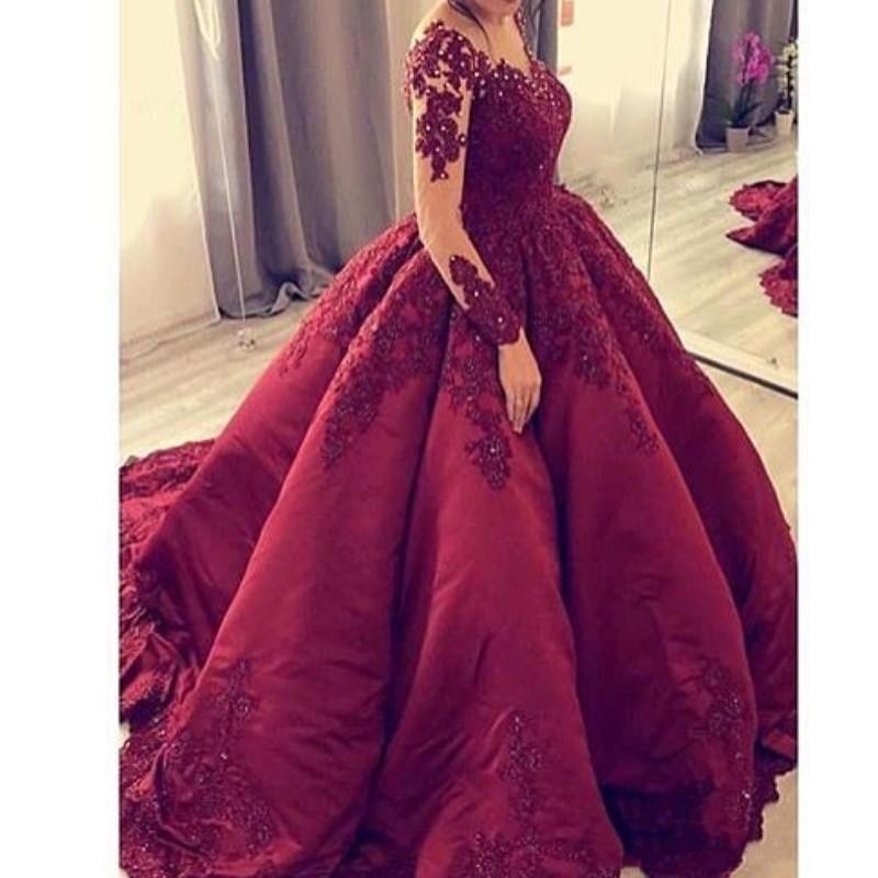 New Sexy Elegant Bury Prom Dresses V Neck Lace Appliques Beaded Long Sleeves Sweep Train Ball Gown Plus Size Custom Party Evening Gowns