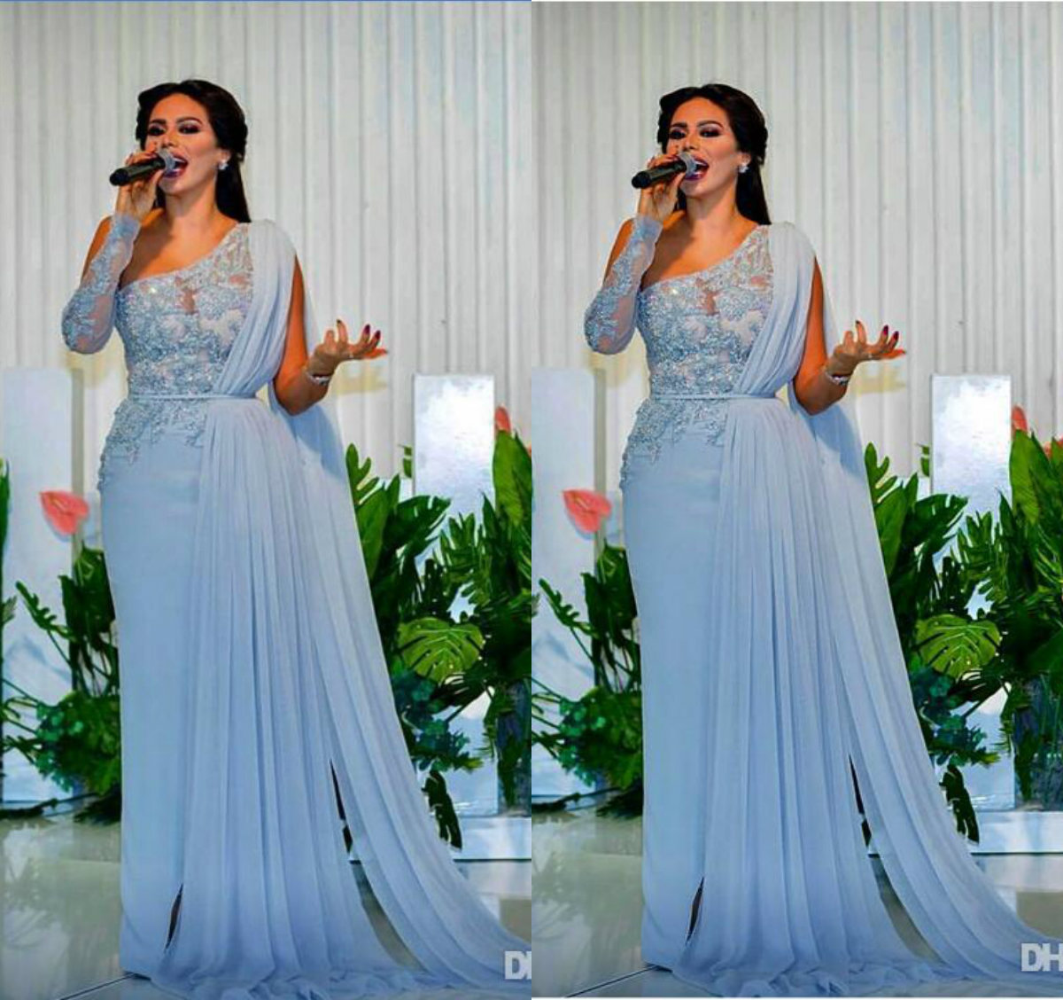 Blue Prom Dresses One Shoulder Lace Appliques Beads A Line Chiffon A Line Plus Size Evening Gowns Custom Made Formal Party Dress