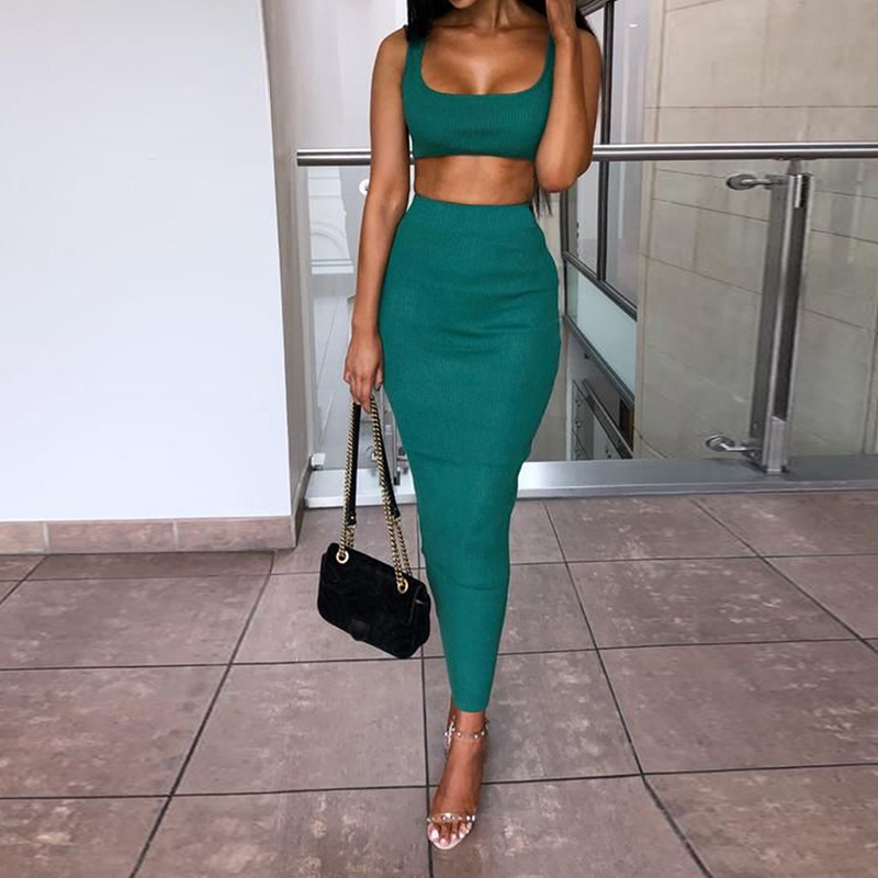 2Pcs Crop Tops And Set Matching Women Two Pieces Sexy Sleeveless Short Tops+Bodycon Slim Long Skirt Sets B3