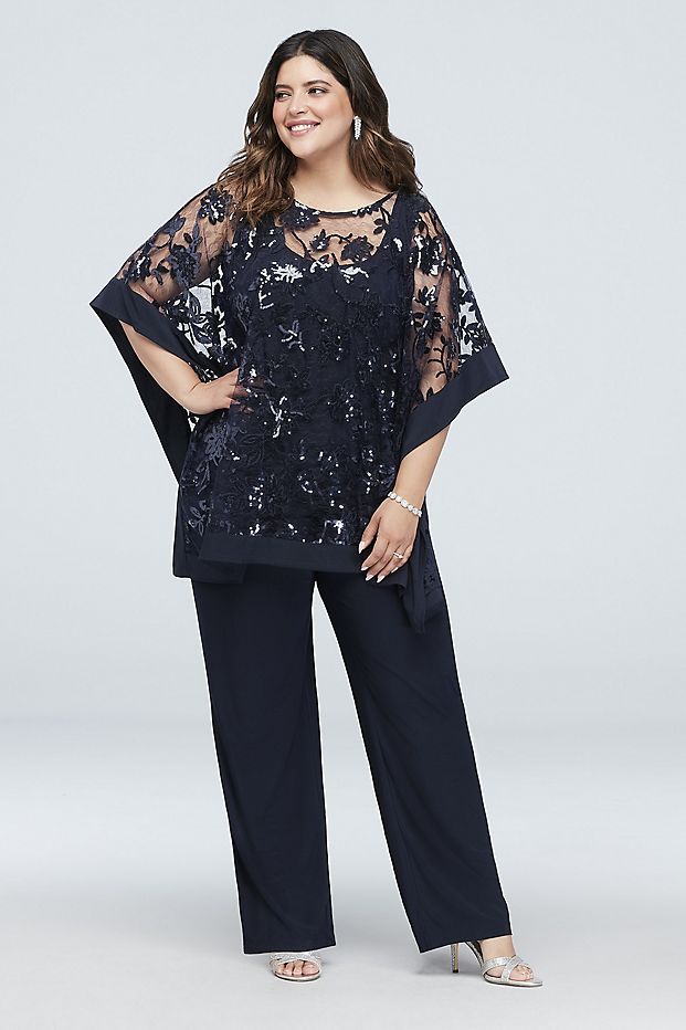 Navy Blue Plus Size Mother Of The Bride Pant Suits With Wrap Sequined Wedding Guest Dress Three Pieces Chiffon Mothers Groom Dresses