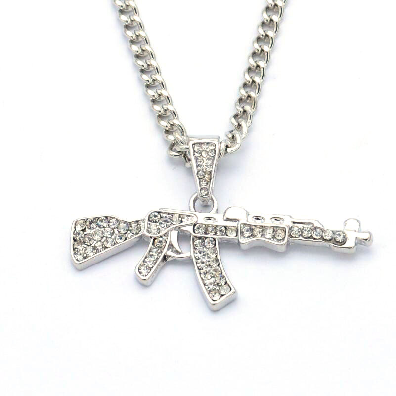 Alloy AK47 Gun Pendant Necklace Iced Out Rhinestone With Hip Hop Miami Cuban Chain Gold Silver Color Men Women Jewelry