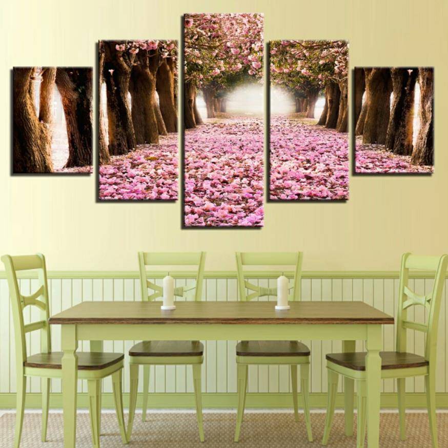 Pictures Wall Art Home Decoration 5 Pieces Pink Cherry Blossoms Tree For Living Room Modern Landscape Painting Posters
