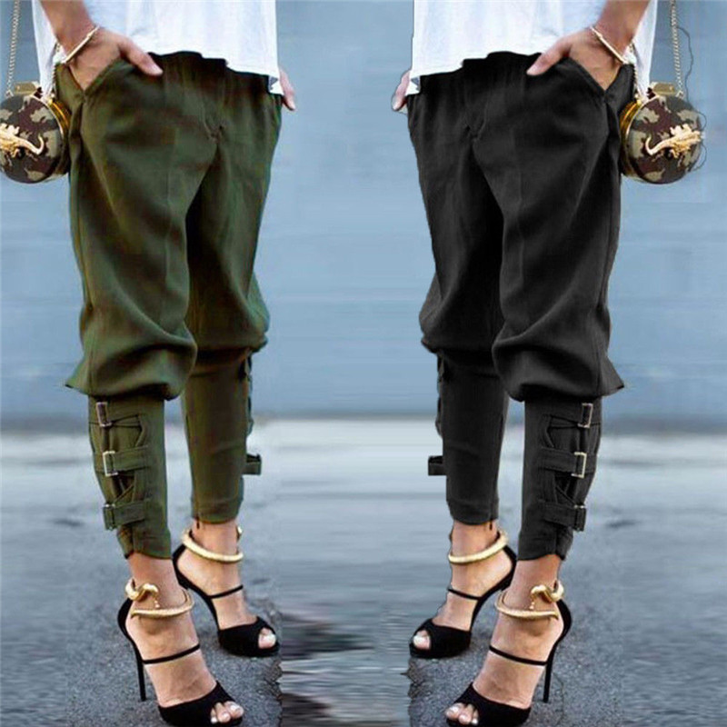 Womens Waist Lace Up Plain Cargo Trousers Casual Long Pants High Street Fashion Streetwear Hip Hop Ankle-length Trouser C19041102