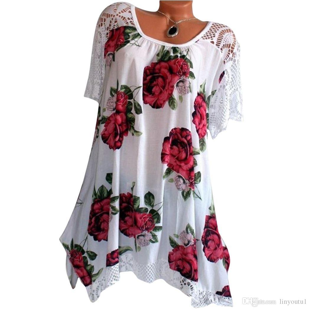 2020 Plus Size Vintage Womens Tops and Blouses Summer Lace Patchwork Floral Printed Short Sleeve Shirt 2018 Tunic Blusas Feminina