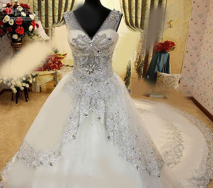 Real Gorgeous Luxurious Appliques Wedding Dresses A-Line Crystal Cathedral Train Beaded Lace Bridal Dresses Wedding Gown