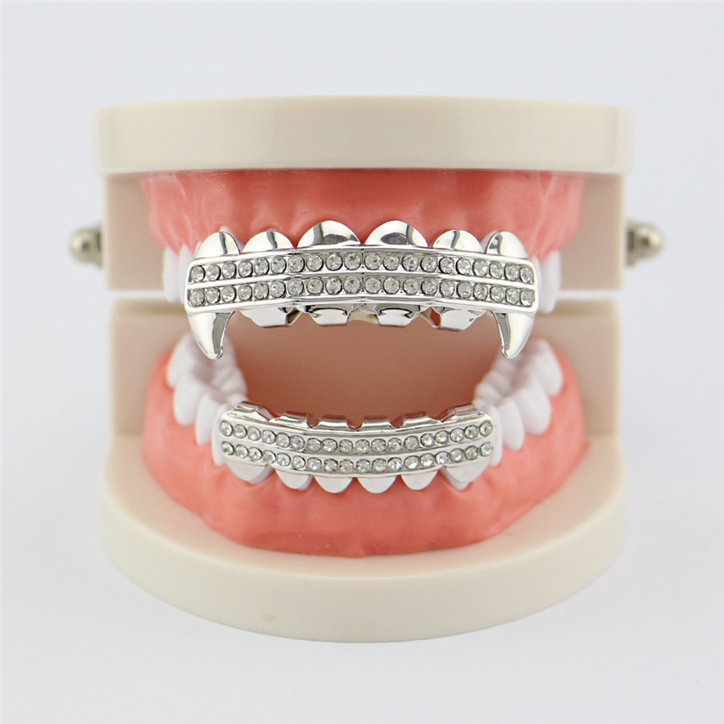 Punk Gold Teeth Grillz 2 Row Iced Out Grills Dental Hip Hop Vampire Fangs Teeth Caps Halloween Party Body Jewelry