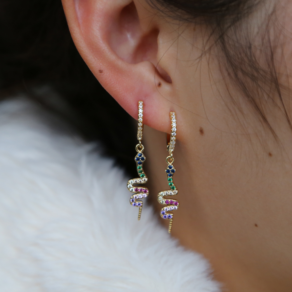 dangle dangling snake charm rainbow cz paved drop cz hoop elegance women earring sexy animal trendy Jewelry wholesale