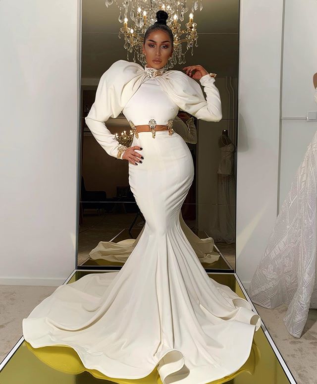 2020 Zuhair Murad Evening Dresses High Neck Crystal Ruffles Bell Long Sleeve Mermaid Prom Dress Party Wear Formal Occcasion Gowns