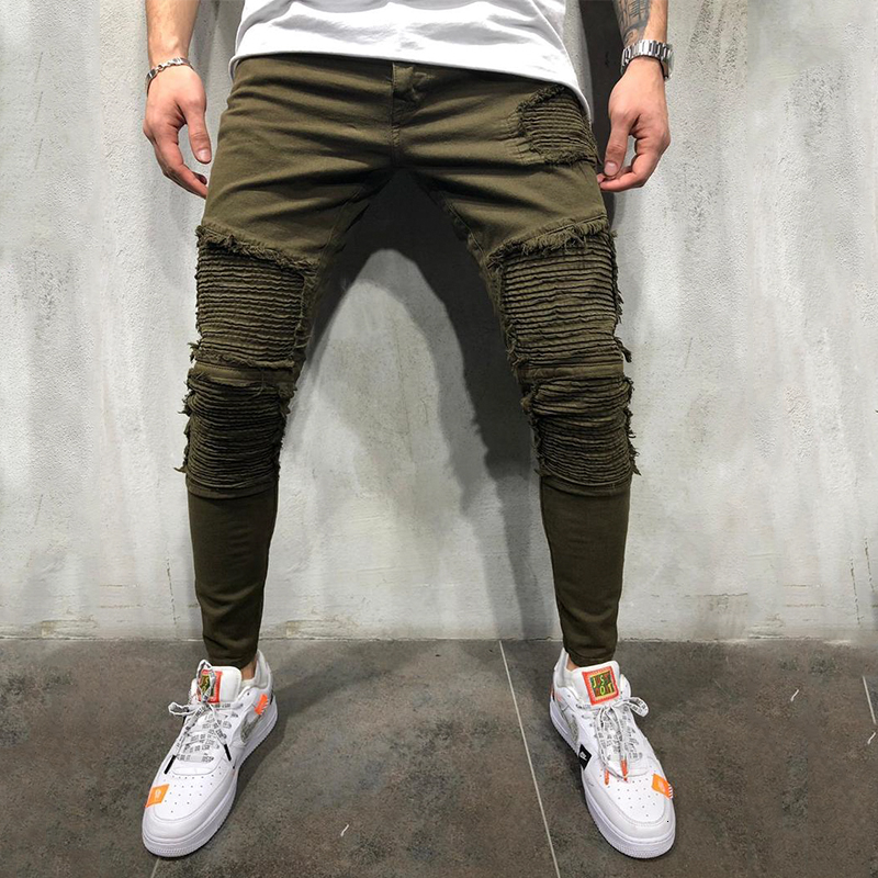OLOME Army Green Pleated Skinny Jeans Men Stretch Moto Biker Jeans Pencil Pants Mens Denim Joggers Streetwear Jeans for Men CJ191210