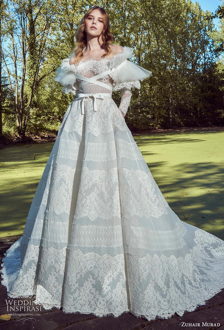 zuhair murad off shoulder lace long sleeve stripe appliques bridal gowns plus size country wedding gown robe de marie
