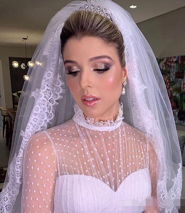 Long Sleeves A Line Dresses High Neck Lace Applique Sweep Train Custom Made Sheer Illusion Wedding Gown Vestido De Novia