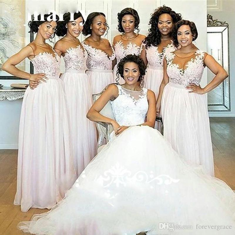 2019 South Afraican Black Girls Long Pink Bridesmaid Dress A Line Jewel Neck Chiffon Formal Maid of Honor Gown Plus Size Custom Made