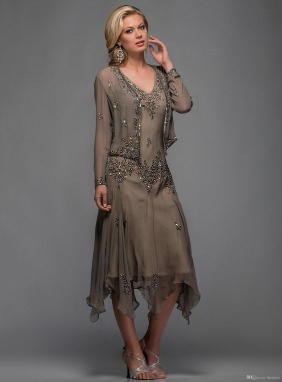 Chic Two Pieces Mother Of The Bride Dress 2023 With Jacket V Neck Tea Length Chiffon Beaded Midi Mom Evening Dresses Elegant Wedding Guest Party Wear 
