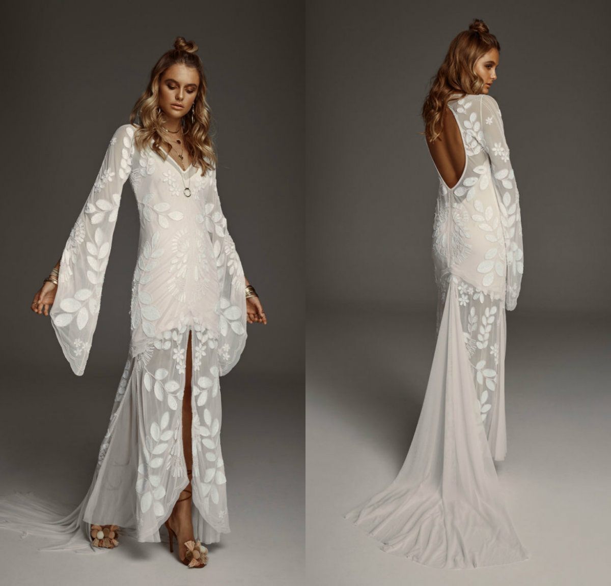 2019 Vintage Mermaid Wedding Dresses V Neck Lace Appliques Sweep Train Bohemian Wedding Dress Long Sleeve Hollow Back Beach Bridal Gowns