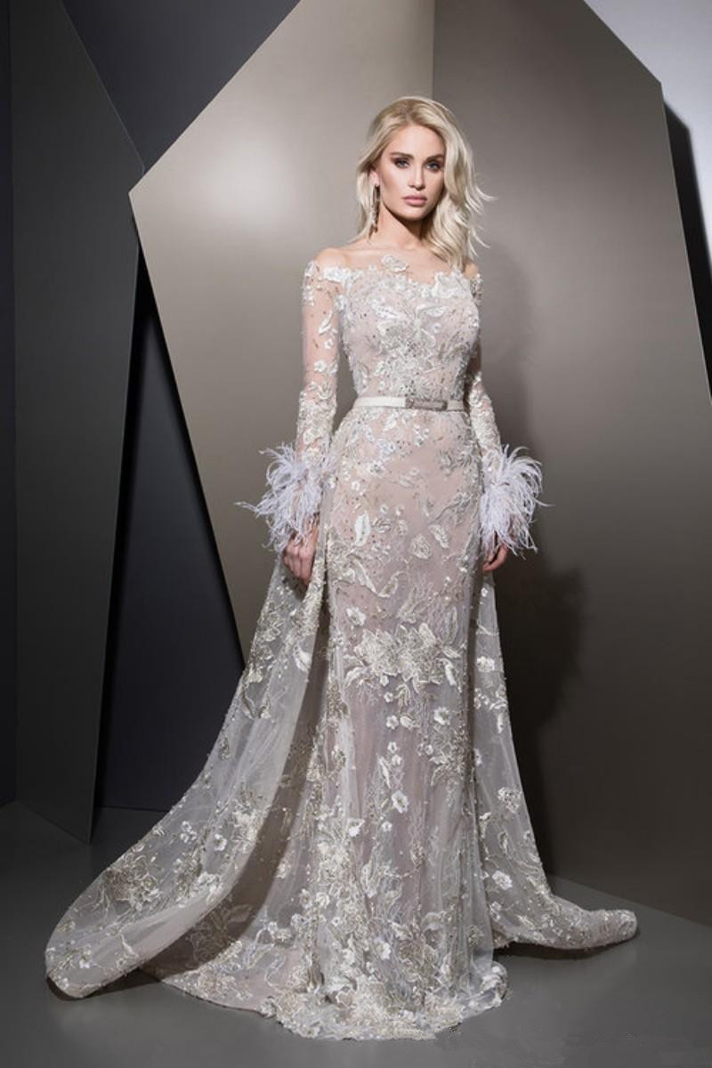Ziad Nakad 2020 Feather Prom Dresses With Detachable Train Long Sleeve Dubai Arabic Evening Dress Formal Party Wear Robes De Soirée