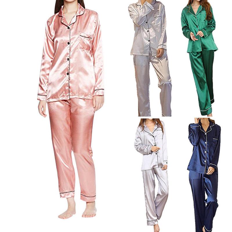 Women Satin Silk Pajamas Set Long Sleeve Shirt Tops Long Pants Set Sleepwear Home Suit Nightwear