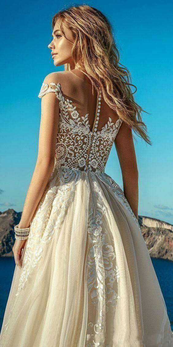 New Summer Light Champagne Wedding Dresses Boho Beach Chiffon Lace A Line Appliques Long Bridal Gowns Robe De Mariee 0521