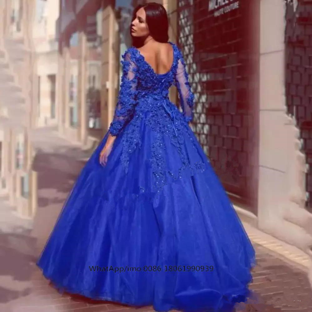 Cinderella Lace Quinceanera Dresses Royal Blue V neck Sweet 16 Dress Prom Ball Gowns Floral Appliqued Long Sleeves Party Prom Gowns
