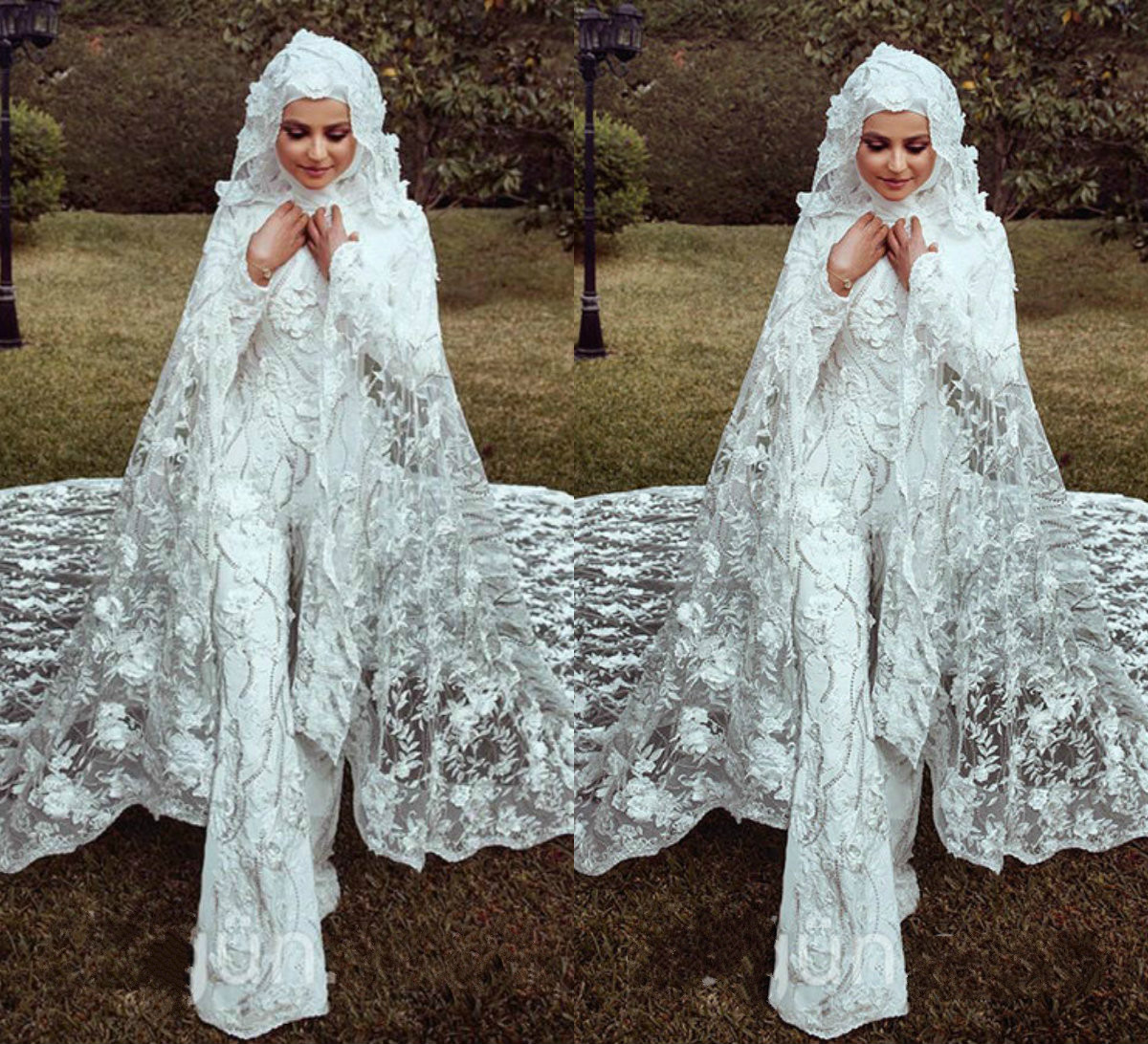Muslim Wedding Jumpsuits Vintage 2020 Lace 3D Floral Applique Jewel Neck Country Bridal Gowns Long Sleeve Modest Wedding Robes De Soirée