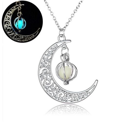 Glow In the Dark Pendant Necklaces For Women Silver Plated Chain Long Night Moon Necklaces Women Fashion Jewelry Necklaces GB65
