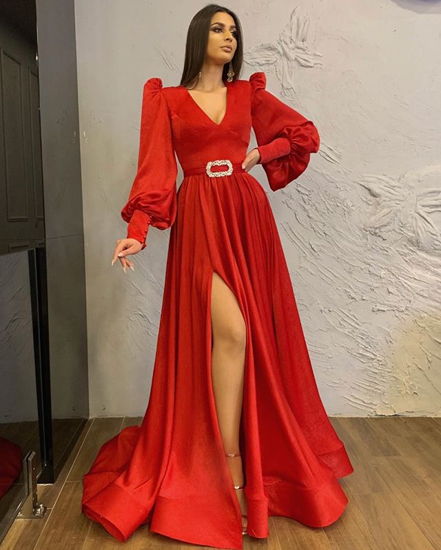 Red High Slit Prom Dress Crystal Belt A Line V Neck Ruffles Long Sleeve Evening Gowns Party Wear Vestidos Robe De Soiree Abendkleider