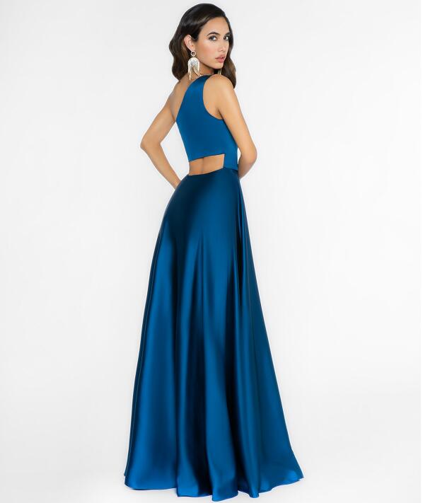 2020 Satin Evening Dresses One Shoulder Ruffled Sleeveless Prom Gown Open Back High Splits Floor Length Custom Made Formal Party Gown