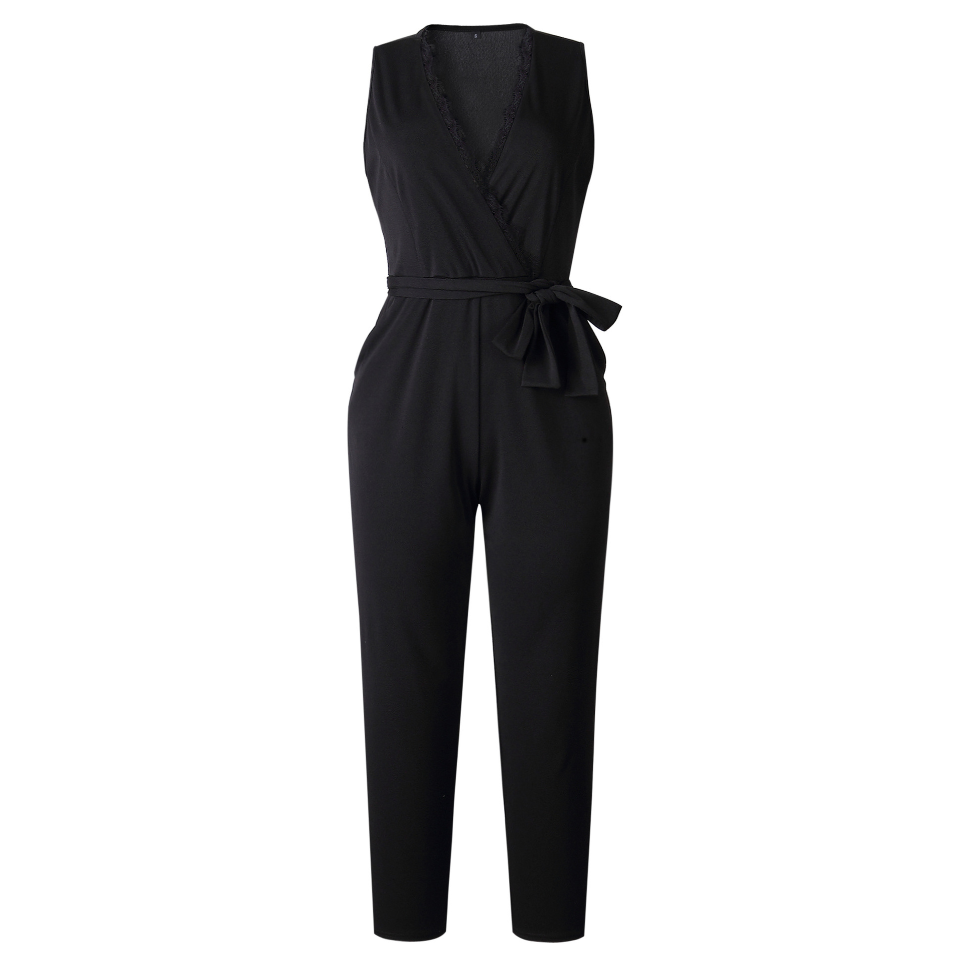 hot sale New Arrival Sexy Spaghetti Cross Strap Lace Up Jumpsuits Summer Women V Neck Solid Casual Sleeveless Pockets Long Romper Female