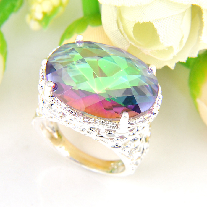 LuckyShine Weddings Jewelry Shiny Rainbow Oval Fire Mystic Topaz Gemstone Silver Unisex Lovers Ring Jewelry US Size 7-9