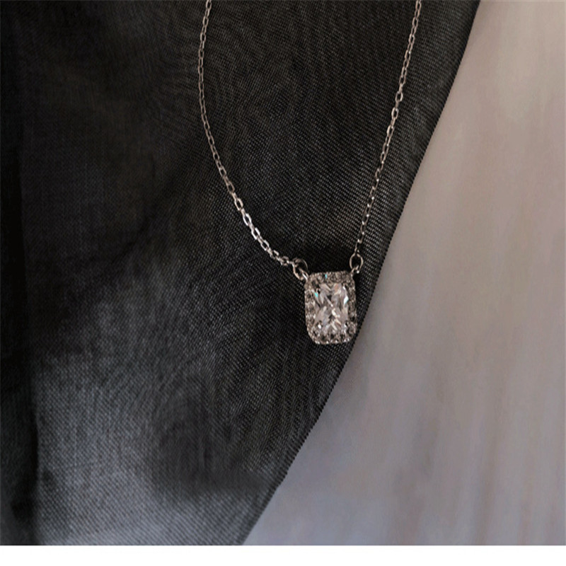 New Simple 925 Sterling Silver Necklaces&Pendants Authentic Silver White CZ Zircon Square Pendant Necklace For Women