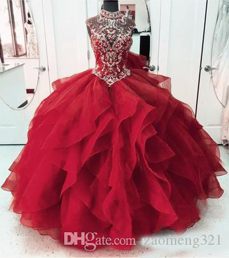 High Neck Crystal Beaded Bodice Corset Organza Layered Quinceanera Dresses Ball Gowns 2020 Princess Prom Dresses