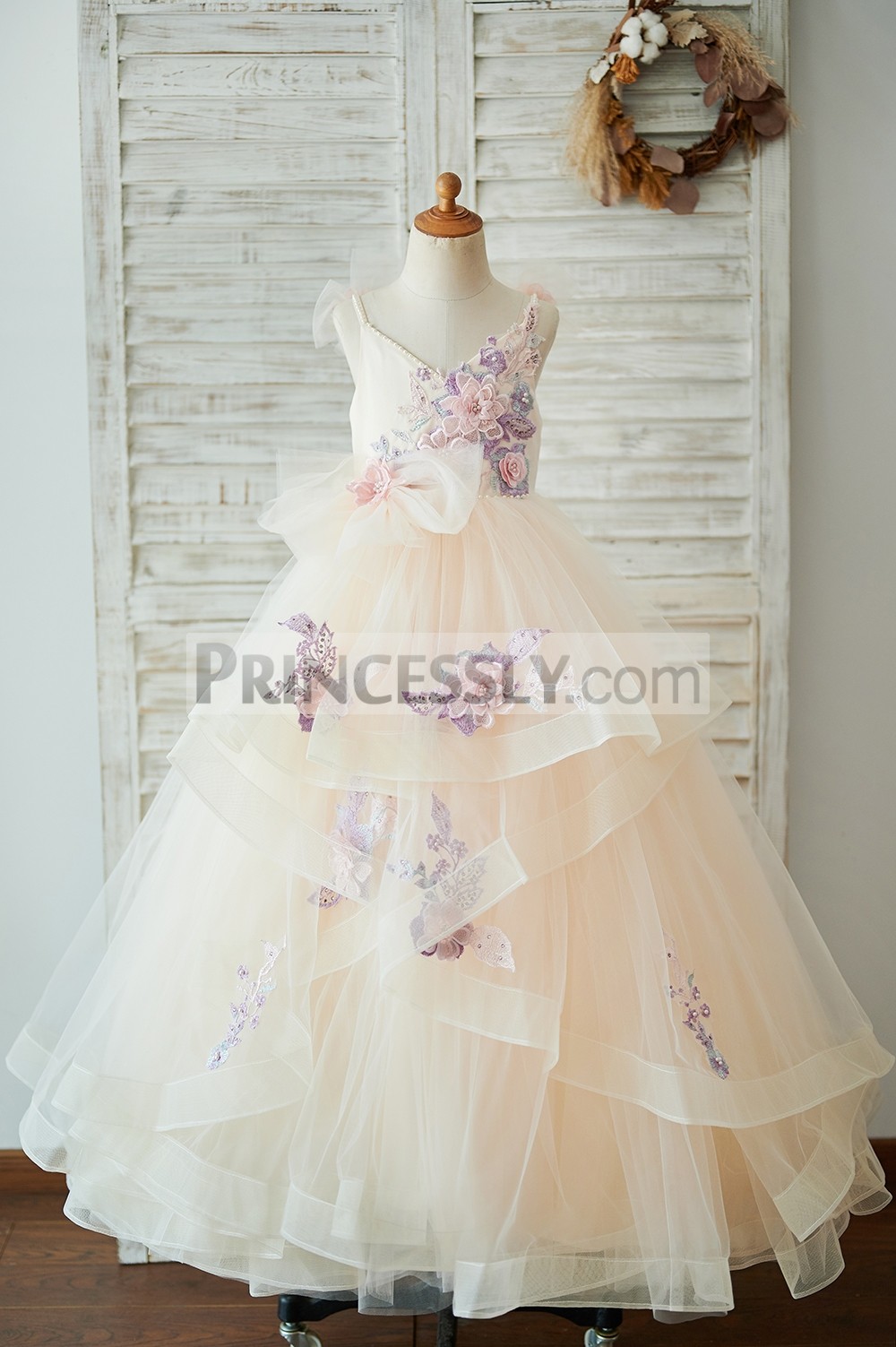 Newest A Line Girl Spaghetti Sleeveless Tulle Lace Hand Made Flower Pearls Wedding Dress Floor Length Girl's Birthday Part 0431