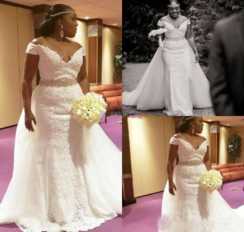 Plus Size Mermaid Wedding Dresses With Detachable Train 2019 African Lace Crystals Sweep Train Beach Wedding Dress Off Shoulder Bridal Gowns
